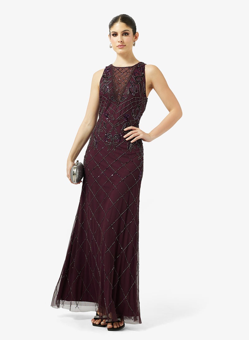 ادريانا بابيل فستان طويل بياقة دائرية وتفاصيل شبكية - Image 4